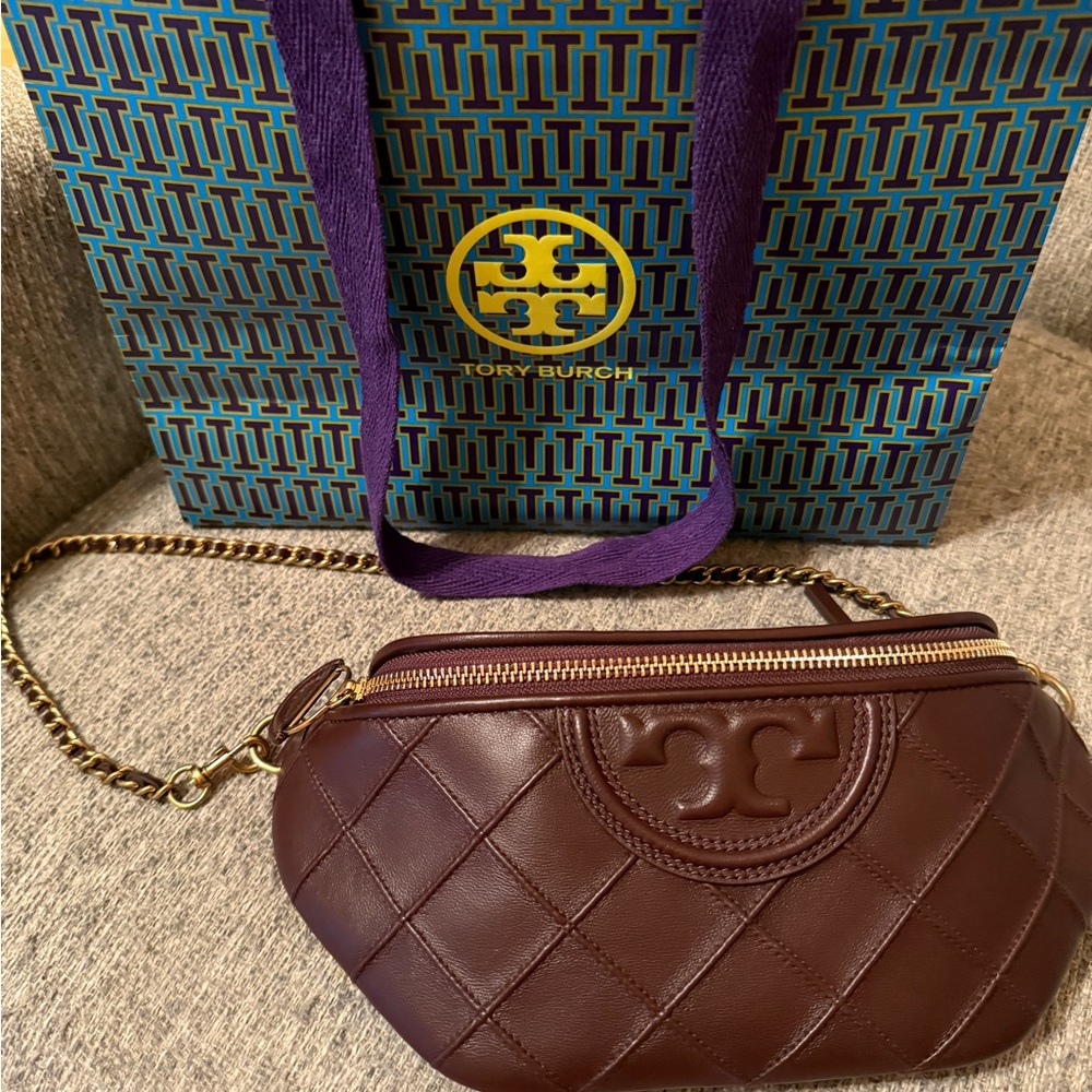 Tory Burch Burgundy Quilted Leather Clutch